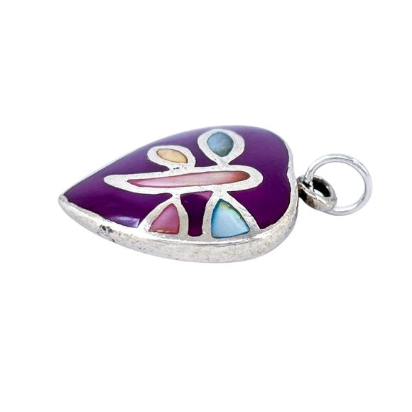 Vintage Sterling Silver 925 Dyed Mother Of Pearl Purple Enamel Heart Pendant - Picture 4 of 8